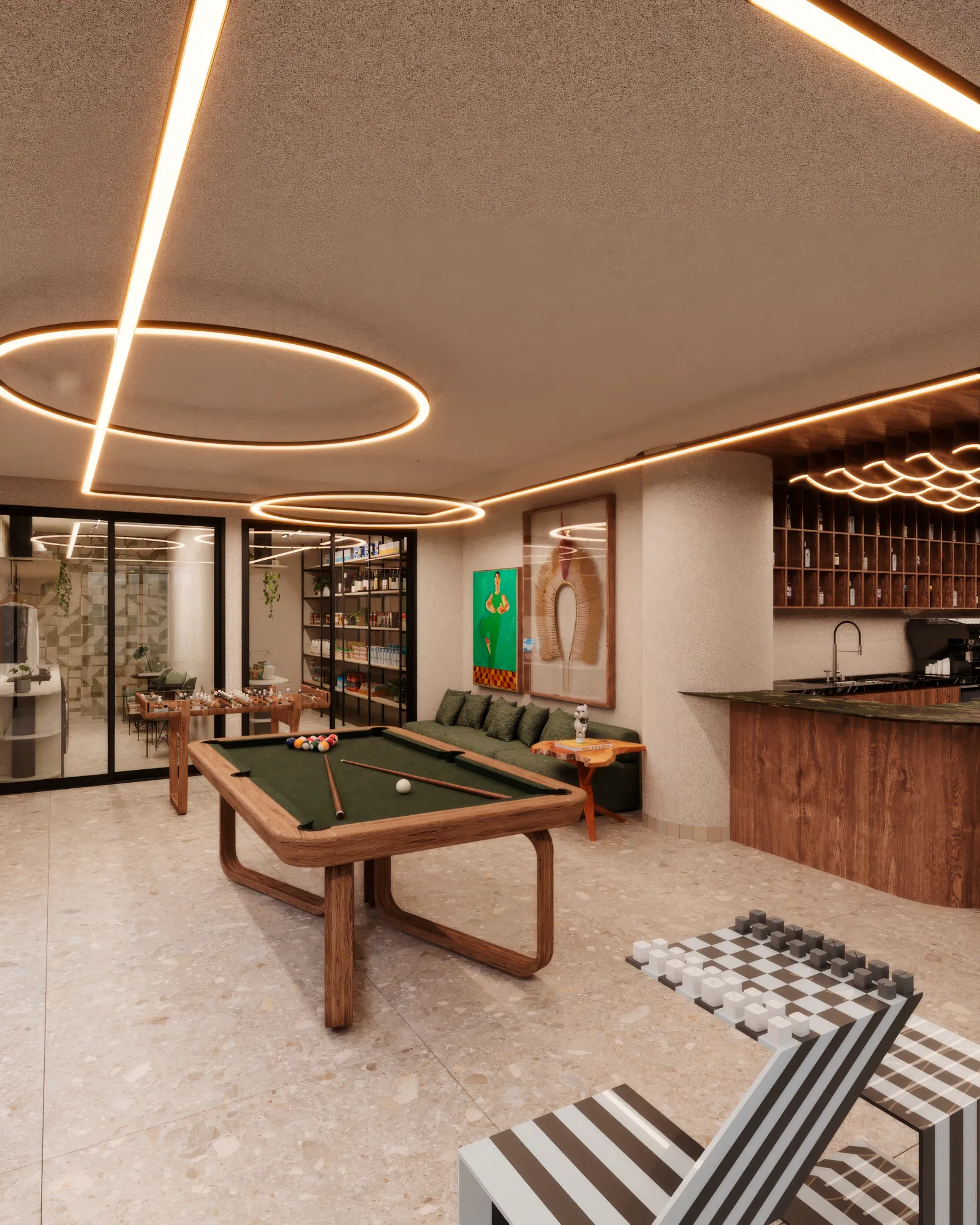 Interior de unidade MOSS com materiais naturais